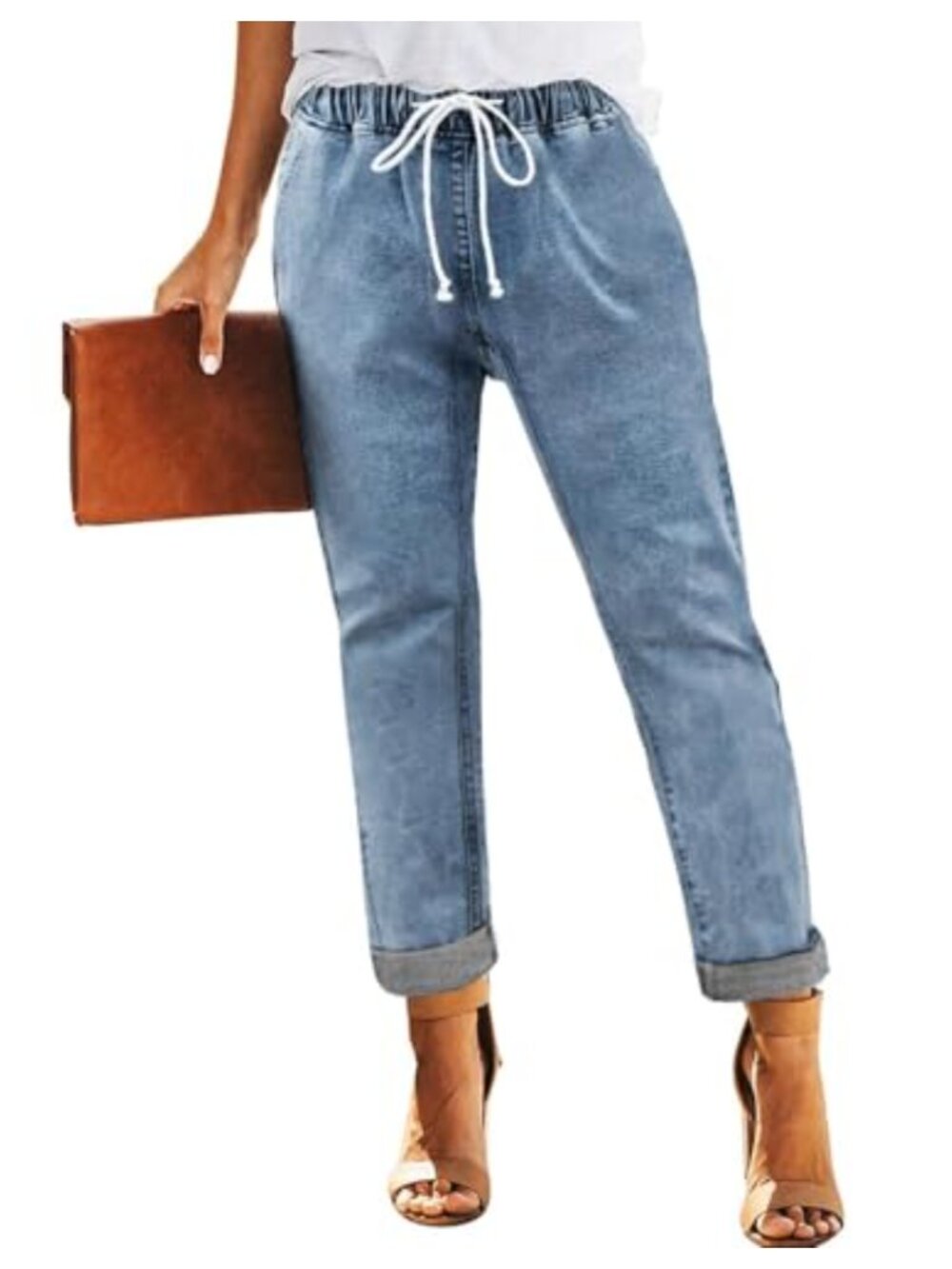 Women's Denim Stretch Joggers Drawstring Elastic Waist Pull On Jeans Pockets
